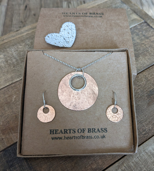 Sterling silver and copper pendant / earrings gift set