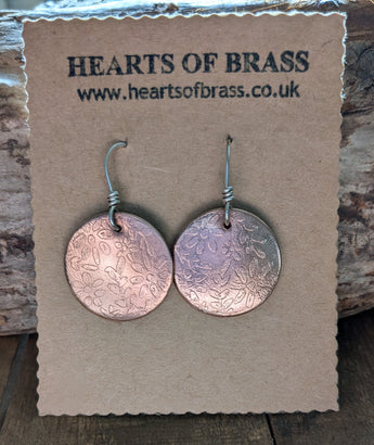 Copper flower etched earrings
