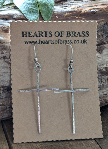 Hammered sterling silver cross earrings
