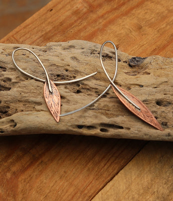 Sterling loops, with etched brass or copper leaves. ( small or medium )