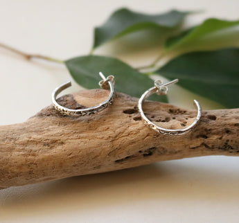Patterned sterling silver open hoops